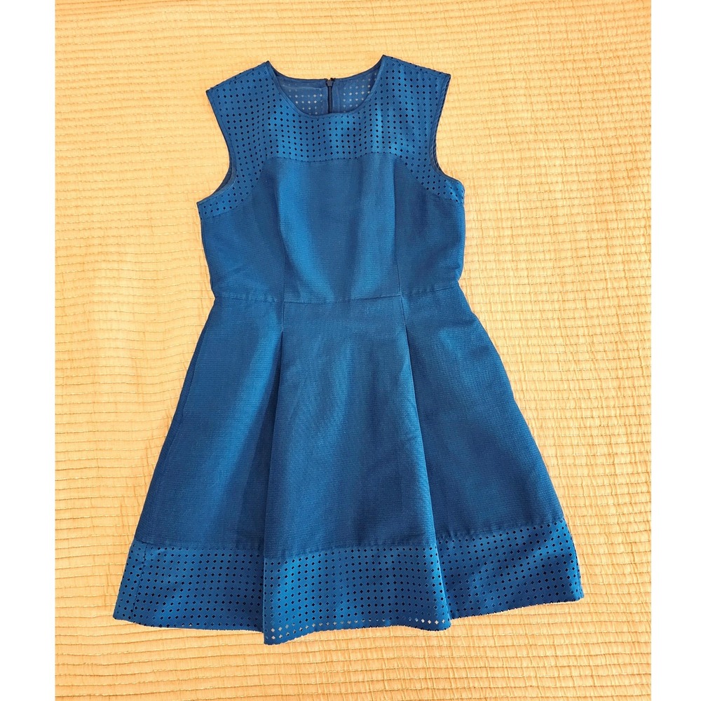 J.Crew Blue Cotton Silk Laser Cut Eyelet Fit & Flare Dress Size 8 Sleeveless